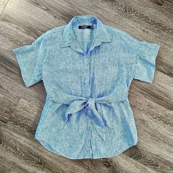 Lauren Ralph Lauren Striped Tie-Front Linen Shirt - Picture 1 of 11